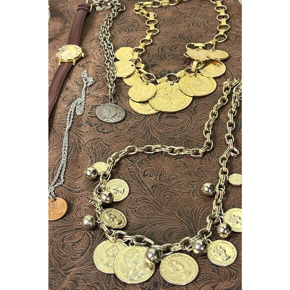 Large Mixed Metals Coin Jewelry Lot 22 Necklaces Bracelets Pendants Watch Coins - Picture 4 of 15
